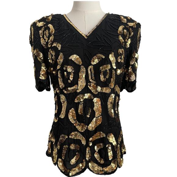 VTG. Stenay Silk Blouse Womens S Black Gold Sequin Beaded Top 90s Glam New Years - Picture 1 of 10